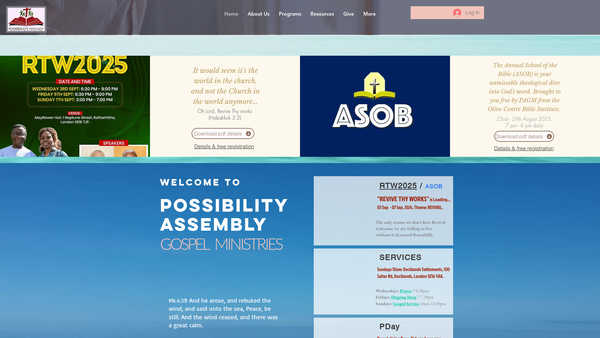 Screenshot of the Possibility Assembly Gospel Ministries website