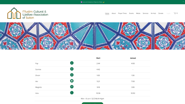 Screenshot of the Muslim Cultural & Welfare Association Of Sutton (Mcwas) website