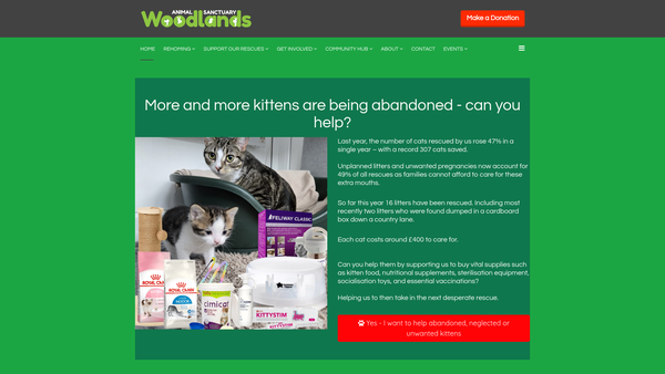 Screenshot of the Woodlands Animal Sanctuary website