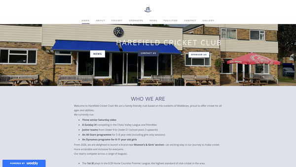 Screenshot of the Harefield Cricket Club website