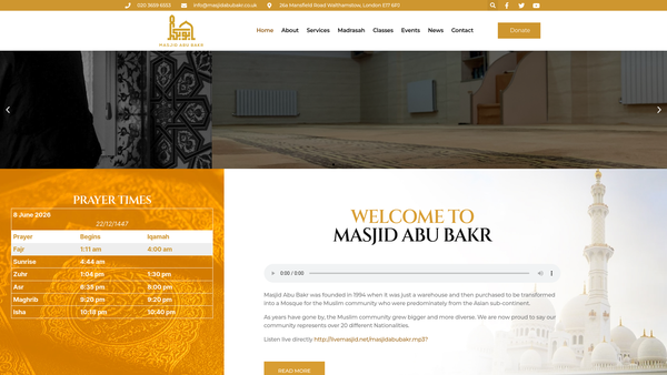 Screenshot of the Masjid Abu Bakr Walthamstow website