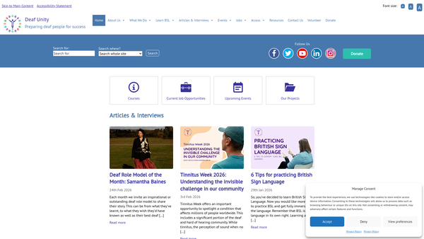 Screenshot of the Deaf Unity website