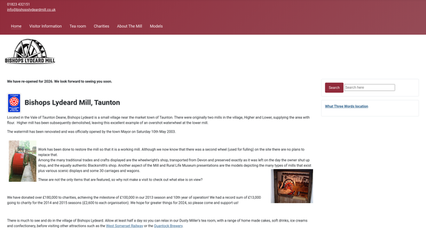 Screenshot of the Bishops Lydeard Mill And Rural Life Museum website