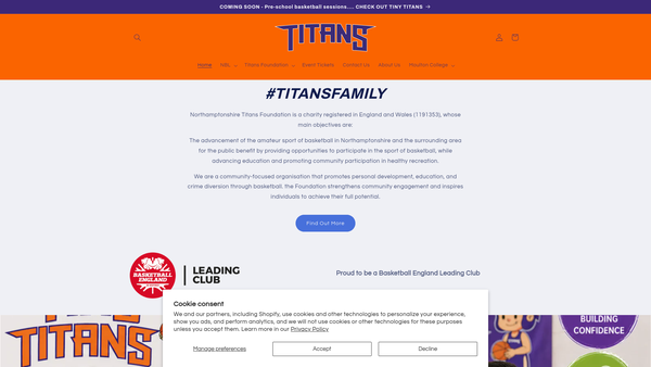 Screenshot of the Northamptonshire Titans Foundation website