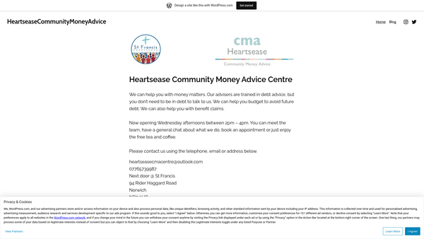 Screenshot of the The Heartsease Community Money Advice Centre website
