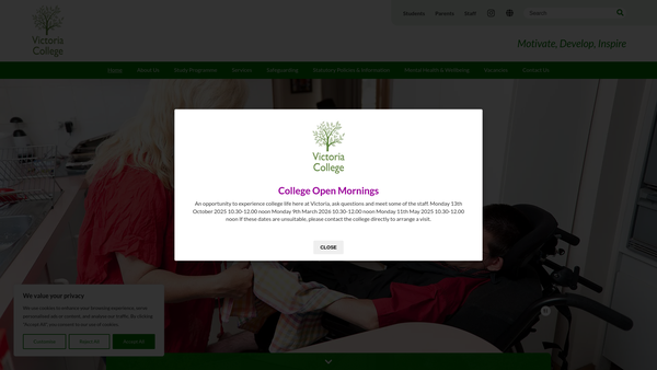 Screenshot of the Victoria College Limited website