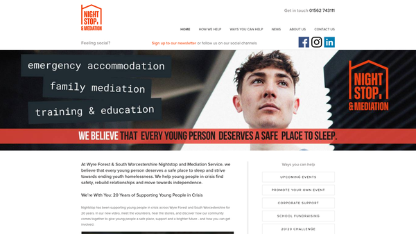 Screenshot of the Wyre Forest and South Worcestershire Nightstop and Mediation Service website