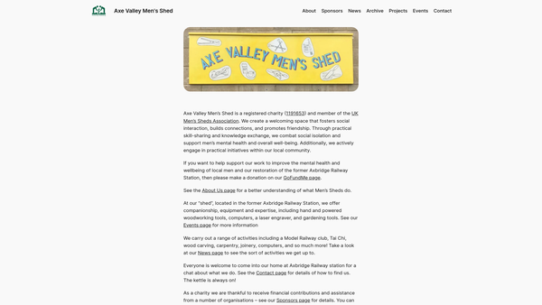 Screenshot of the Axe Valley Men's Shed website