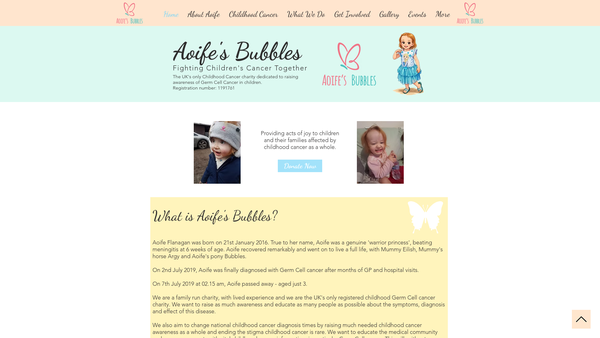 Screenshot of the Aoife's Bubbles Charity website