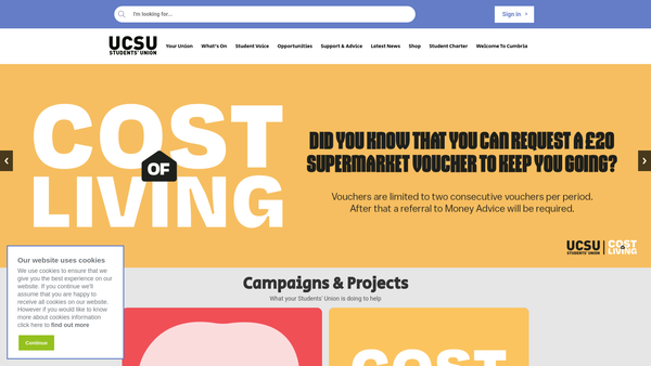 Screenshot of the University Of Cumbria Students' Union website