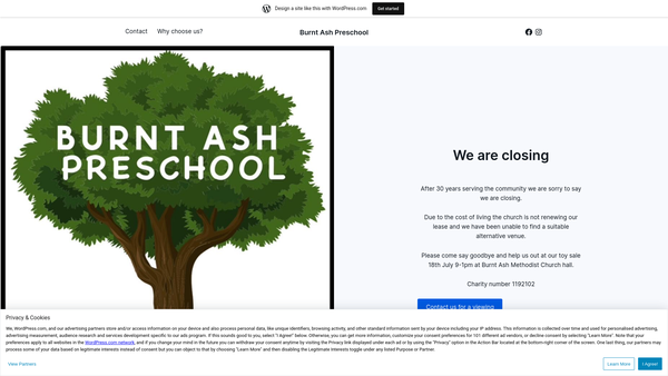 Screenshot of the Burnt Ash Pre-School website