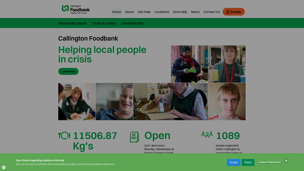 Screenshot of the Callington Foodbank website