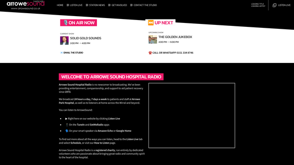Screenshot of the Arrowesound Hospital Radio website