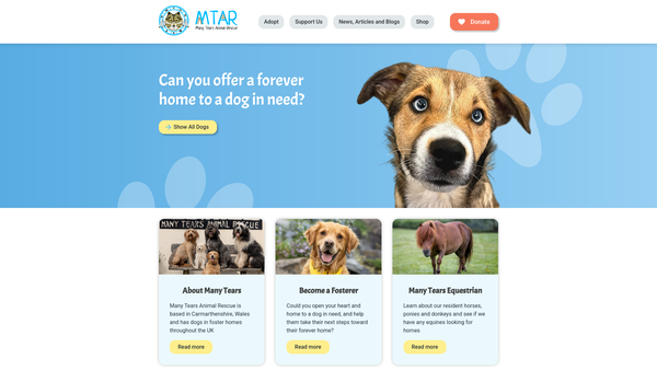 Screenshot of the Many Tears Animal Rescue website