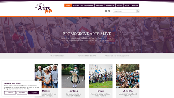 Screenshot of the Bromsgrove Arts Alive website
