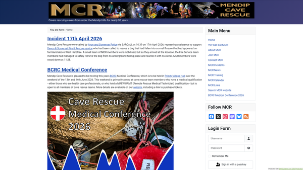Screenshot of the Mendip Cave Rescue website