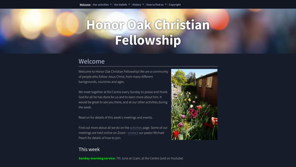Screenshot of the Honor Oak Christian Fellowship website