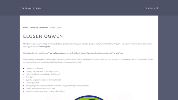 Screenshot of the Elusen Ogwen website