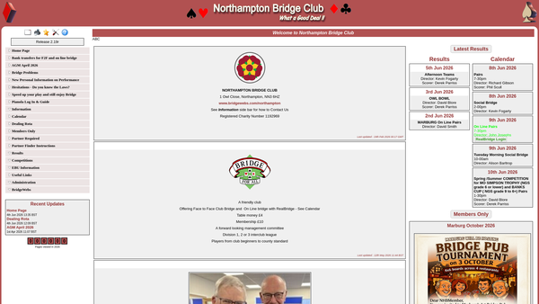 Screenshot of the Northampton Bridge Club website