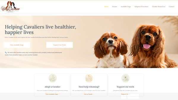 Screenshot of the Bliss Cavalier Rescue Ltd website
