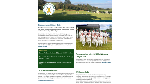Screenshot of the Broadwindsor Cricket Club website