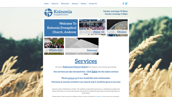 Screenshot of the Koinonia Evangelical Church website