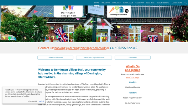 Screenshot of the Derrington Village Hall website