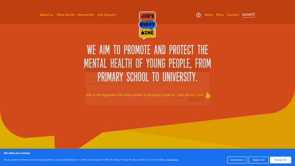Screenshot of the Joe's Buddy Line Charity website