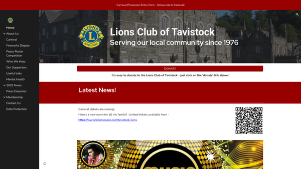 Screenshot of the Lions Club Of Tavistock (CIO) website
