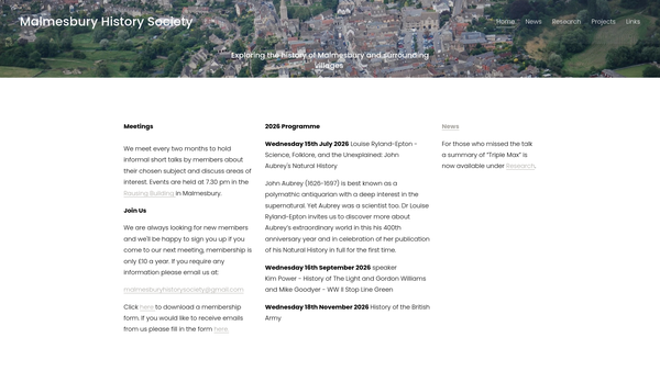 Screenshot of the Malmesbury History Society website