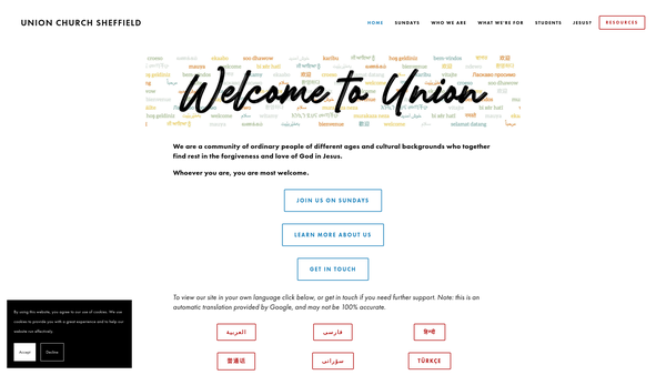 Screenshot of the Union Church, Sheffield website