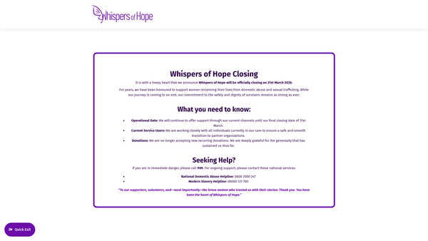 Screenshot of the Whispers Of Hope website