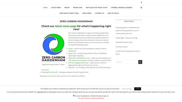 Screenshot of the Zero Carbon Haddenham (Buckinghamshire) website