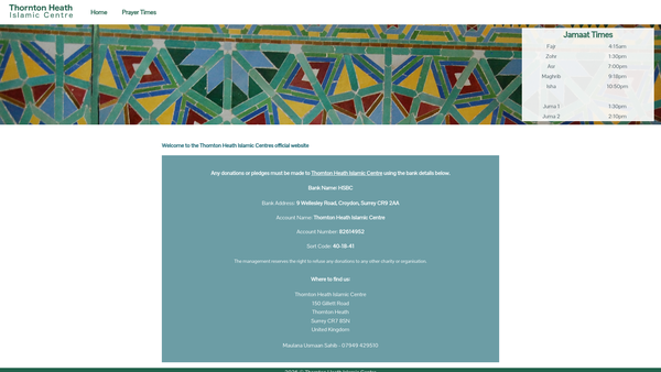 Screenshot of the Thornton Heath Islamic Centre website