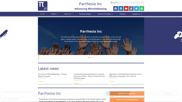 Screenshot of the Parrhesia Inc website