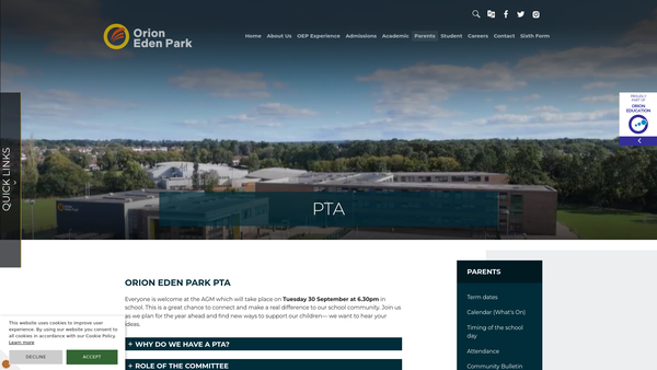 Screenshot of the Orion Eden Park Parent Teacher Association website