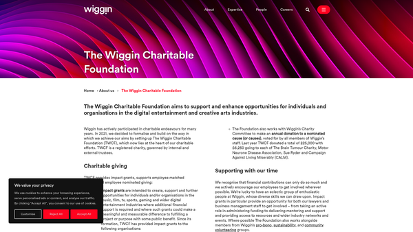 Screenshot of the The Wiggin Charitable Foundation website