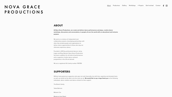 Screenshot of the Nova Grace Productions website