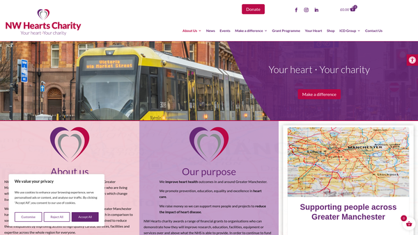 Screenshot of the Nw Hearts Charity website