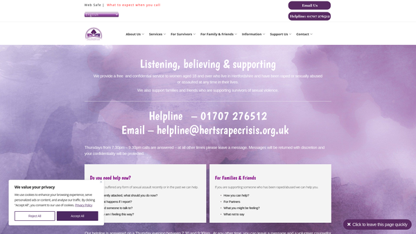 Screenshot of the Herts Area Rape Crisis And Sexual Abuse Centre (Harcsac) website