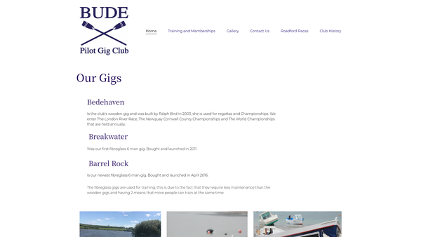 Screenshot of the Bude Pilot Gig Club website