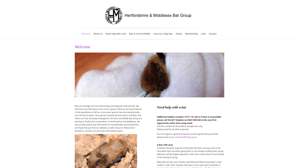 Screenshot of the Hertfordshire And Middlesex Bat Group website