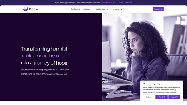 Screenshot of the Ripple Suicide Prevention Charity website