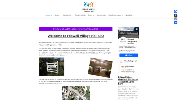 Screenshot of the Fritwell Village Hall CIO website