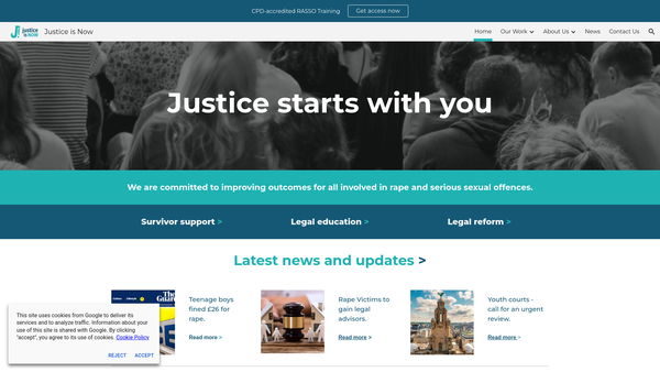 Screenshot of the Justice Is Now website