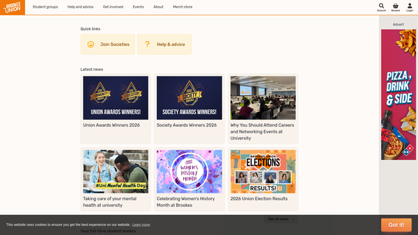 Screenshot of the Oxford Brookes Students Union Ltd website