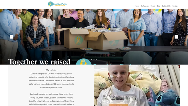 Screenshot of the Creative Packs Cancer Charity website