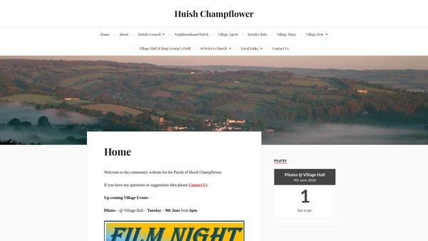 Screenshot of the Huish Champflower Village Hall and King George's Field CIO website