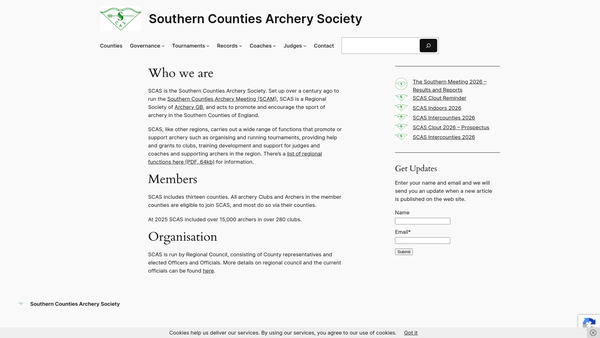 Screenshot of the Southern Counties Archery Society website