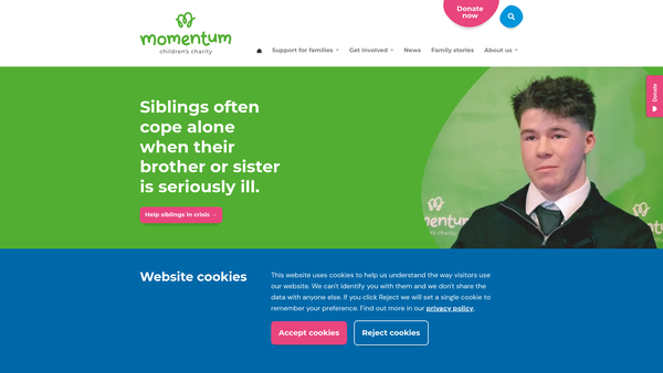 Screenshot of the Momentum Children's Charity website